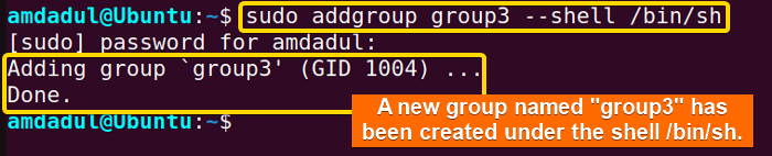 A new group named group3 has been created under the shell /bin/sh.