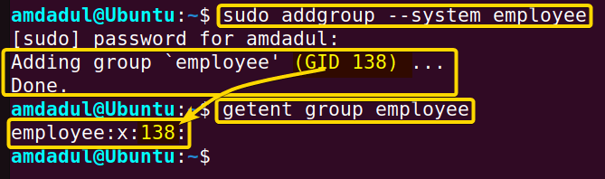 A system group called "employee" has been created with add group command in linux.