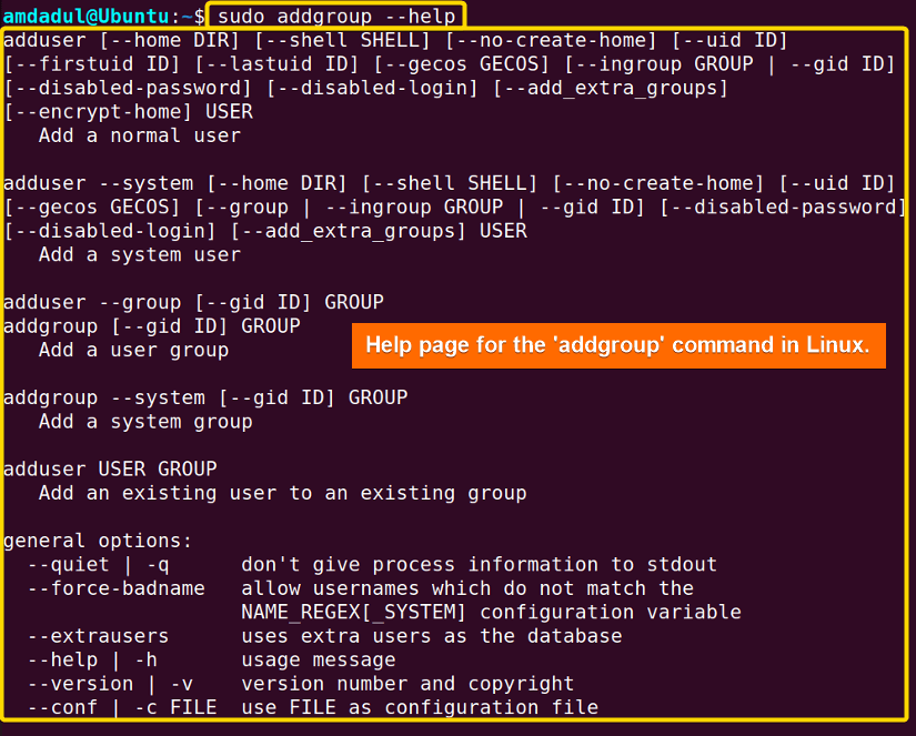  Showing the help page for the addgroup command in Linux.