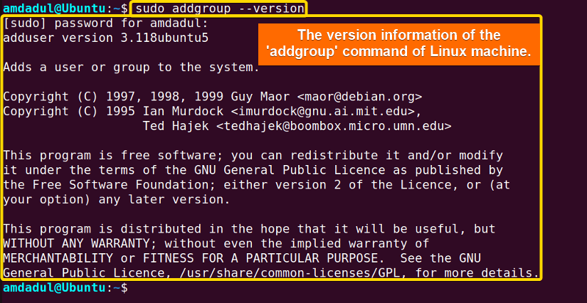 Showing the version of the addgroup command in Linux.