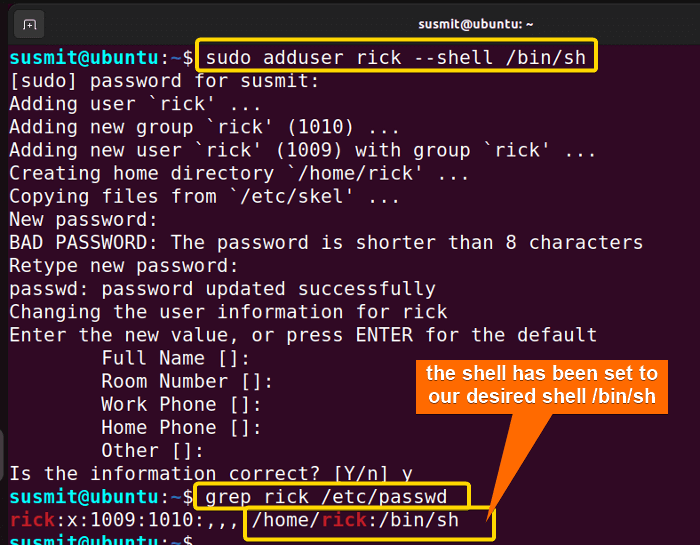 adduser command in linux has created a user named rick in a specific shell.