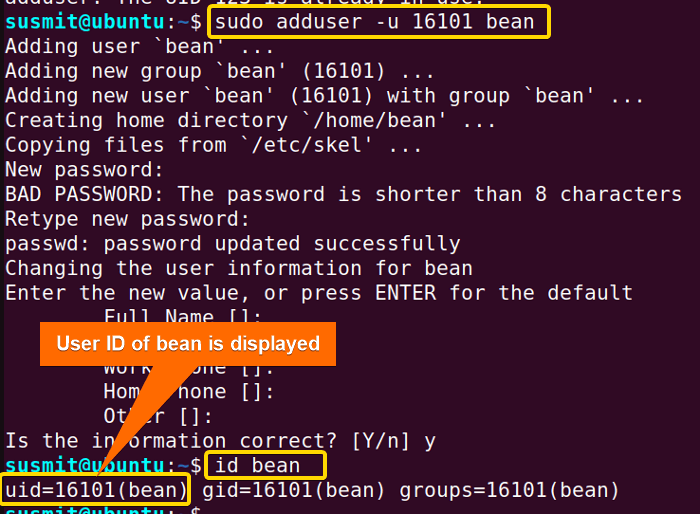 adduser command in linux has created a user named bean with a specific user ID