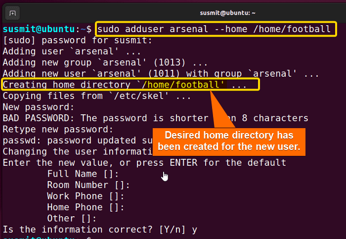 adduser command in linux has created a user named arsenal within home directory named football