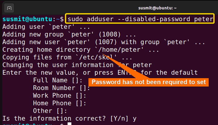 adduser command has created a user named peter with the option disabled password