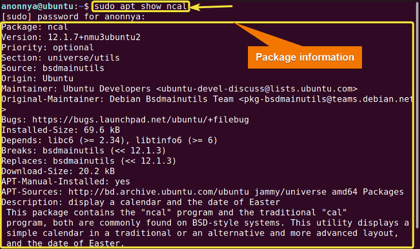 Display package information using apt command in linux.