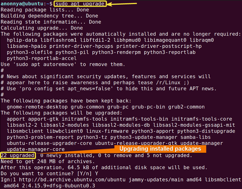 upgrading all packages using apt command in linux.
