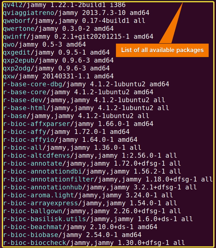 Listing all packages using apt command in linux.