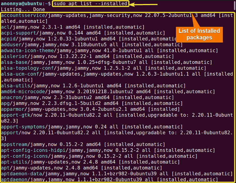 Listing all installed using apt command in linux.