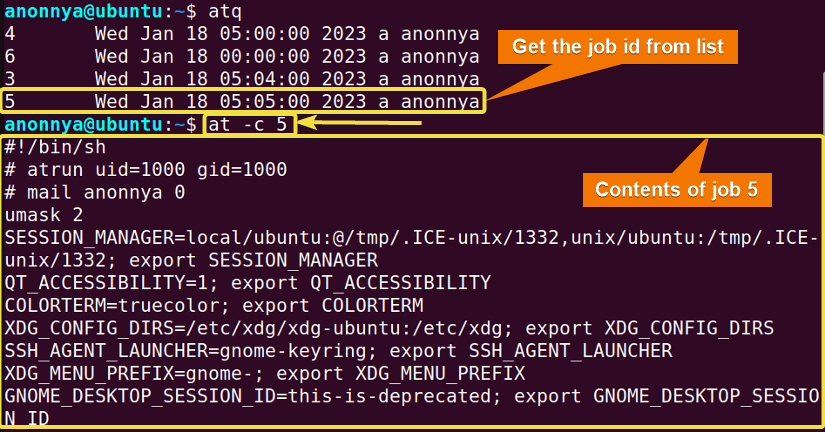 Viewing job contents using at command in linux.