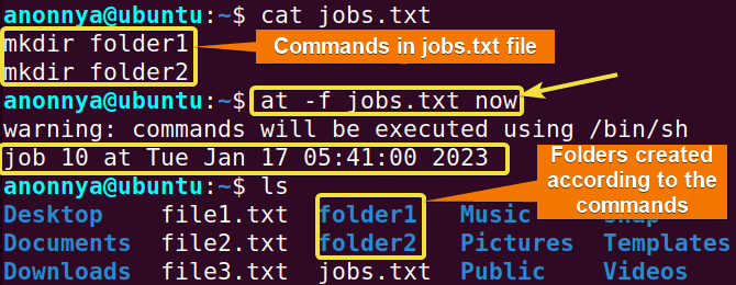 Reading job from a file using at command in linux.