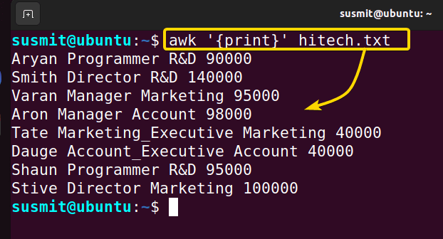 the awk command in Linux prints every data line from the specified file named hitech.txt.