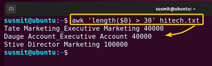 the awk command in Linux enables me to print lines from the hitech.txt text file with more than 30 characters.