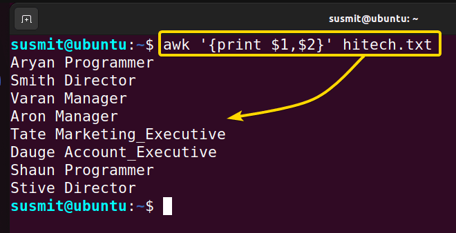 name and designation of all employee is printed on the terminal with the help of the awk command in Linux.