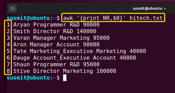 The awk command in Linux prints the line number and the data on the command prompt