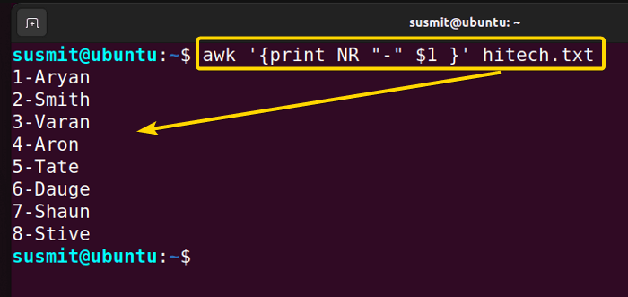 printing line number and the first field of every record separated with a dash(-) is done using the NR built-in variable of the awk command in Linux.