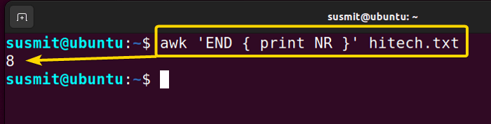 counting line numbers in the hitech.txt file is performed using the awk command in Linux.