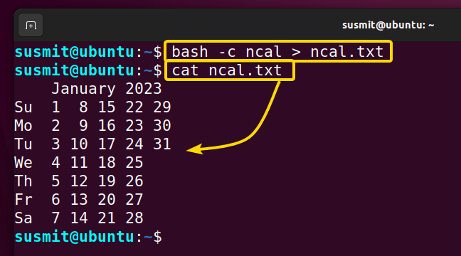 the bash command in Linux is used along with -c to run the ncal command on a different shell and redirects the result into a file named ncal.txt