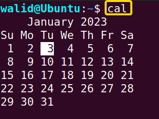 Showing calendar of current month using the cal command in Linux