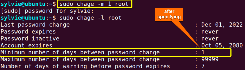 After specifying the minimum number of days between password change