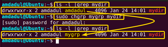 Showing that the group of the directory “mydir” has been changed from “amdadul” to "mygrp" with the chgrp command in linux