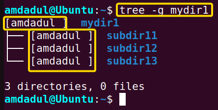 Showing the group of directory mydir1 and its contents.