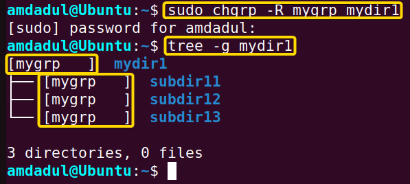 The group ownership of the directory named “mydir1” has been recursively changed using chgrp command in Linux.