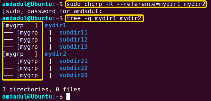 The group ownership of the directory named “mydir2” has changed to the same as the directory “mydir1” using chgrp command in linux.