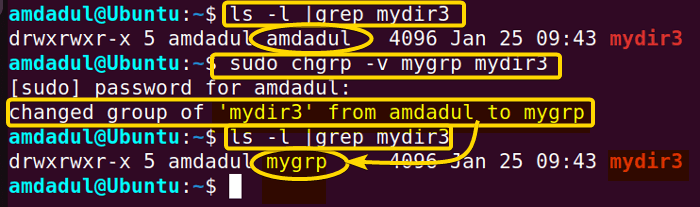 The group ownership of the directory “mydir3” has changed and displayed the execution details using chgrp command in linux.