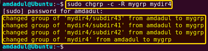 Every change due to the execution of the “chgrp” command is displayed in this image.