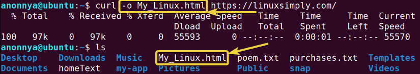 Downloading file under a given name using curl command in linux.