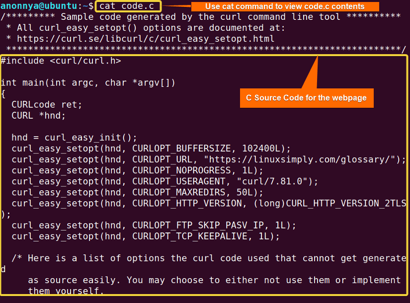 Downloading C source code of a webpage using curl command in linux.