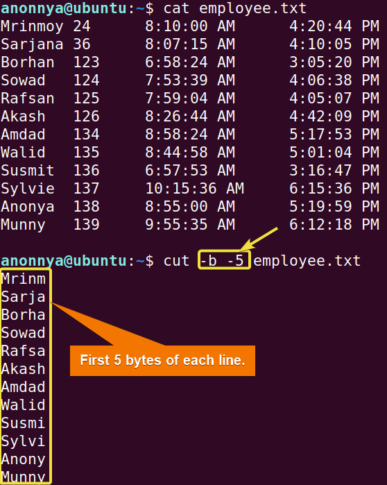Printing first 5 bytes of each line using cut command in linux.