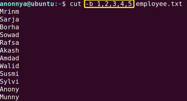 Printing first 5 bytes of each line with a list using cut command in linux.