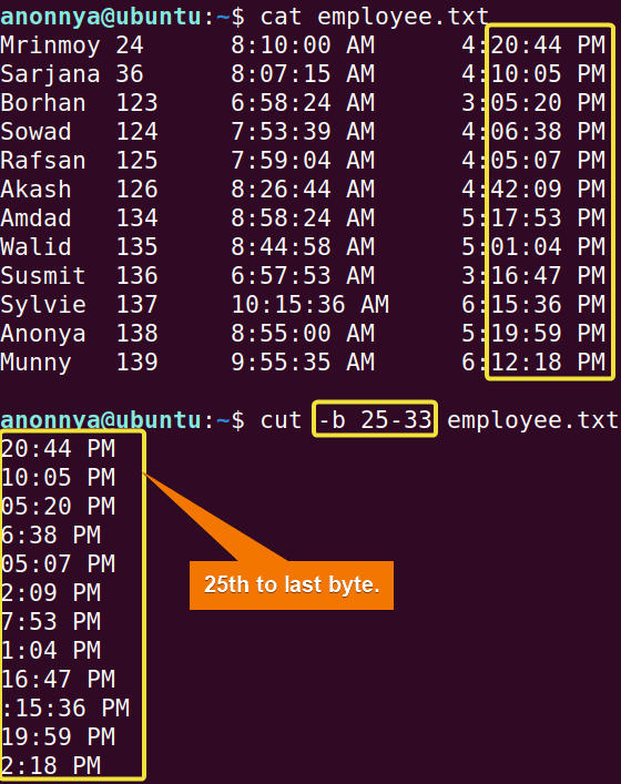 Cutting out All the contents from 25th byte till using the cut command in linux.