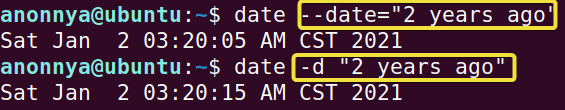 Getting a date from past using date command command in Linux.