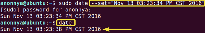 Changing system time using date command command in Linux. 