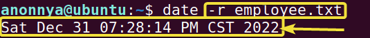 Viewing last modification time of a file using date command command in Linux.