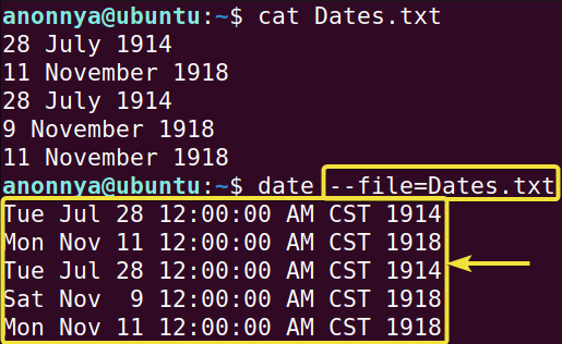 Displaying dates from a datefile using date command command in Linux.