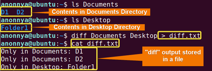 Redirecting output of the using diff command to a file.