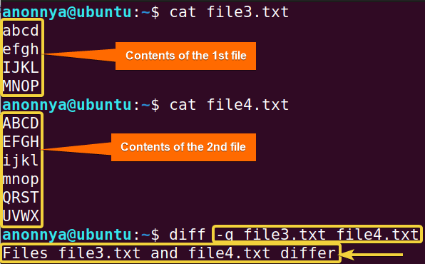 Checking different files using diff command in Linux. 