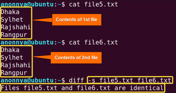 Checking identical files using diff command in Linux.