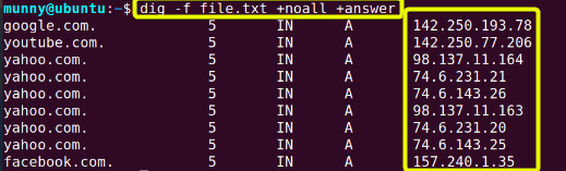 Query a file using the dig command in linux.
