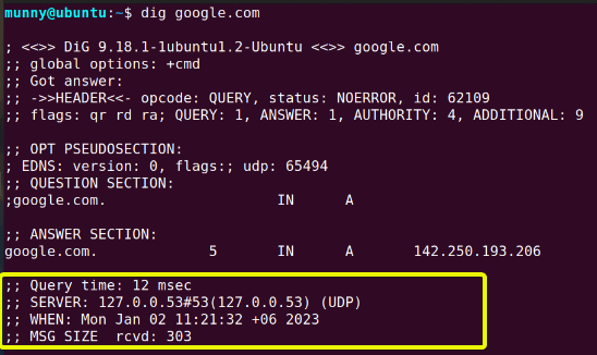 The statistics section of output of the dig command in linux.