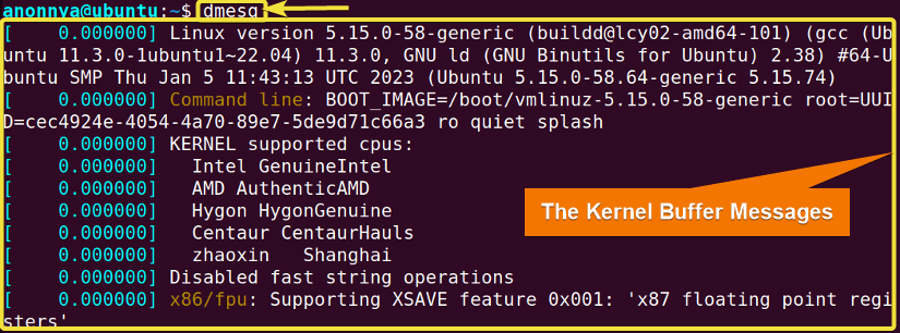 Displaying the Kernel Ring Buffer  messages of system using dmesg command in linux.
