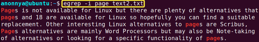 Searching for case-insensitive patterns using the egrep command in Linux.