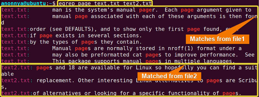 Searching inside multiple files for a certain string using the egrep command in Linux.