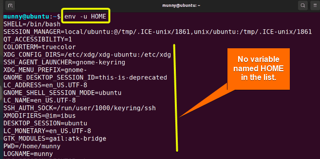 Unset variable using the env command in linux.