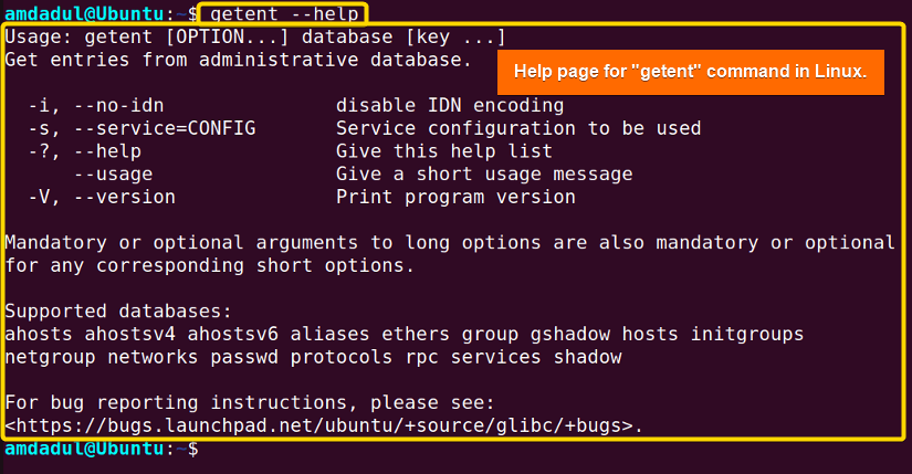 Showing the help page of the getent command in Linux. 