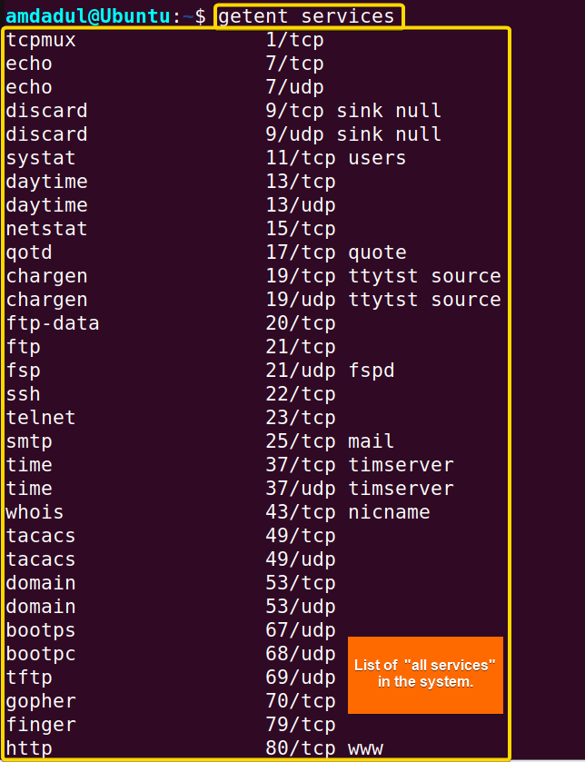 Showing the list of all services in my system using the getent command in Linux.
