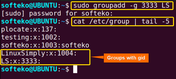 showing the last 5 groups and gid in linux